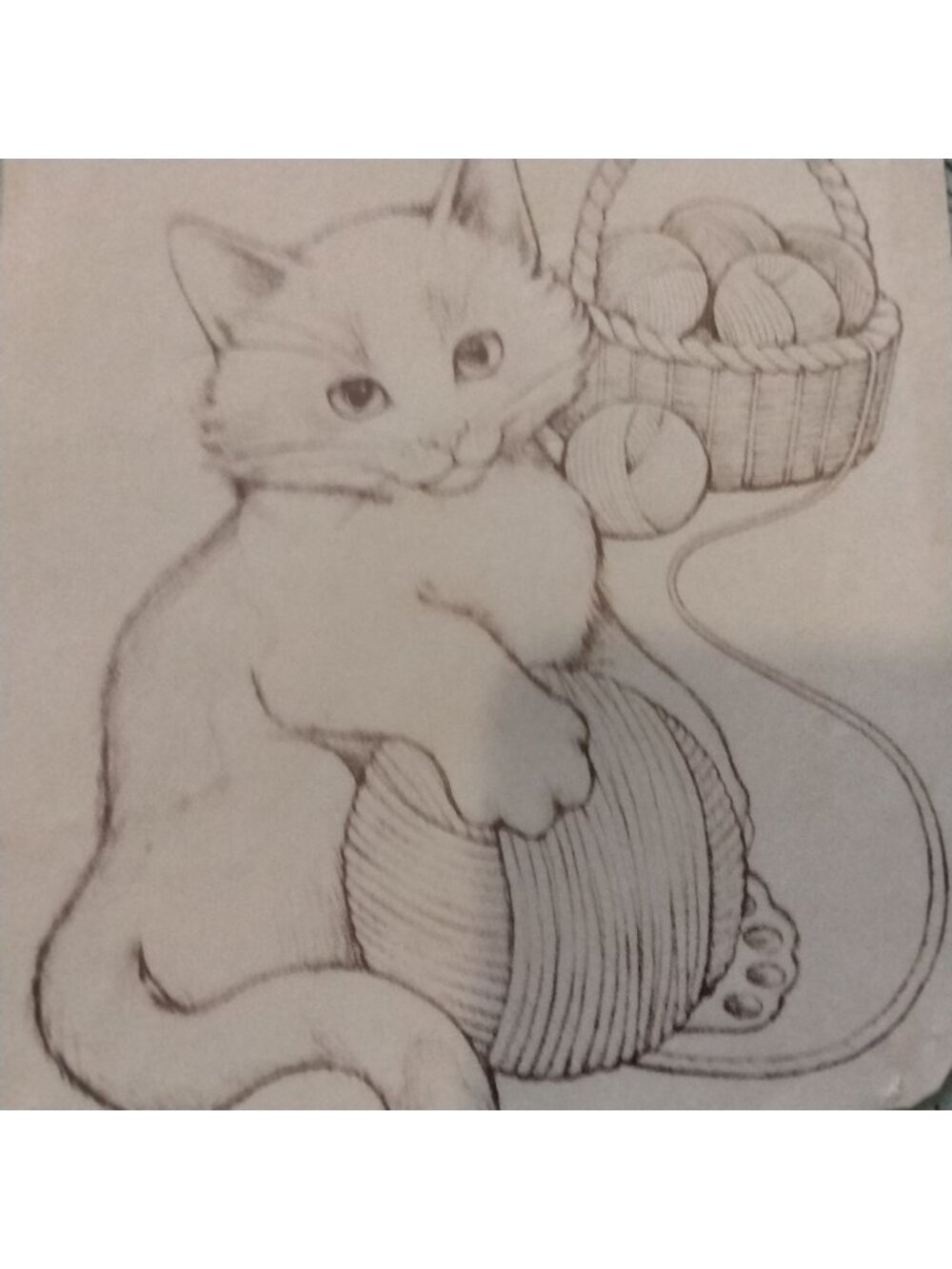 Iron On Cat Transfer 6 x 8 Inches Playful Kitten Yarn Basket Design